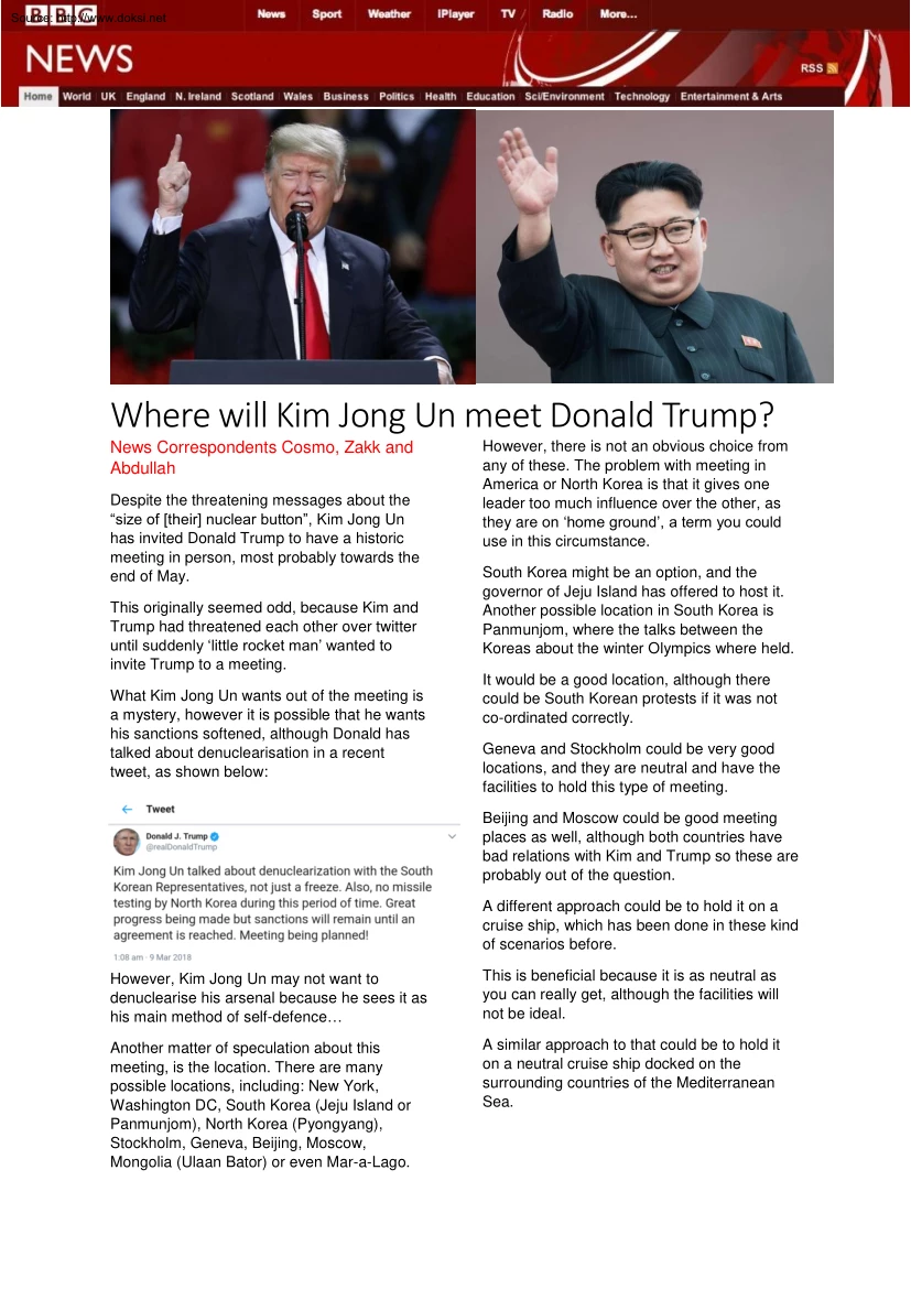Where will Kim Jong Un Meet Donald Trump