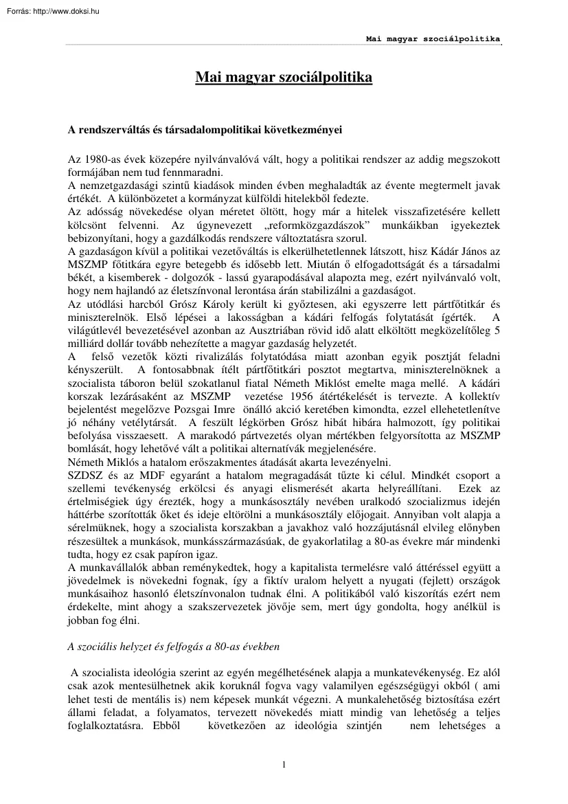 Mai magyar szociálpolitika