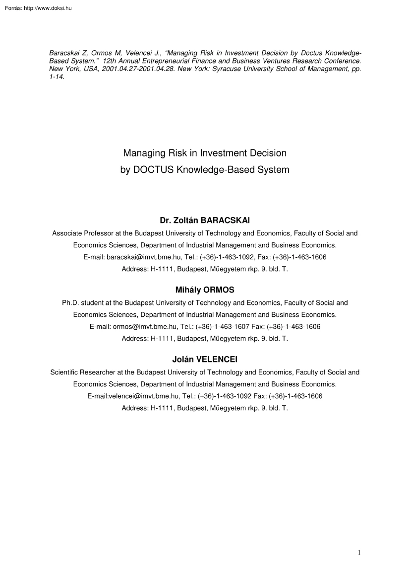Dr. Baracskai-Ormos - Managing risk in investment decision by Doctus knowledge based system