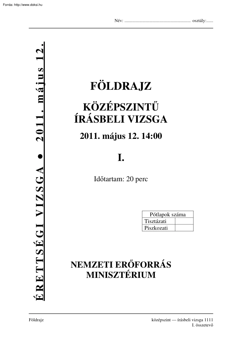 Földrajz középszintű írásbeli érettségi vizsga megoldással, 2011