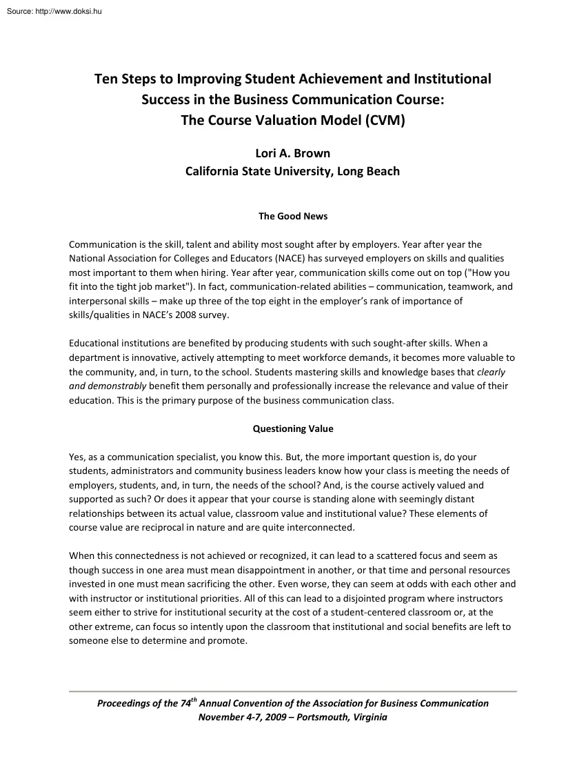 Lori Brown - Ten steps to improving student achievement and institutional success in the business