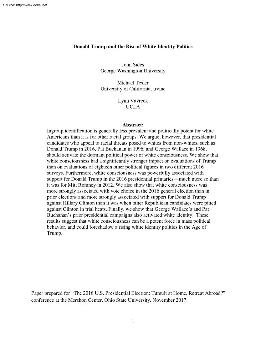Sides-Tesler-Vavreck - Donald Trump and the Rise of White Identity Politics