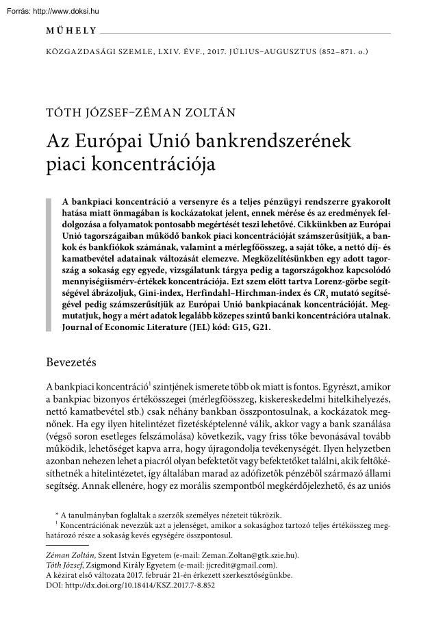 Tóth-Zéman - Az Európai Unió bankrendszerének piaci koncentrációja