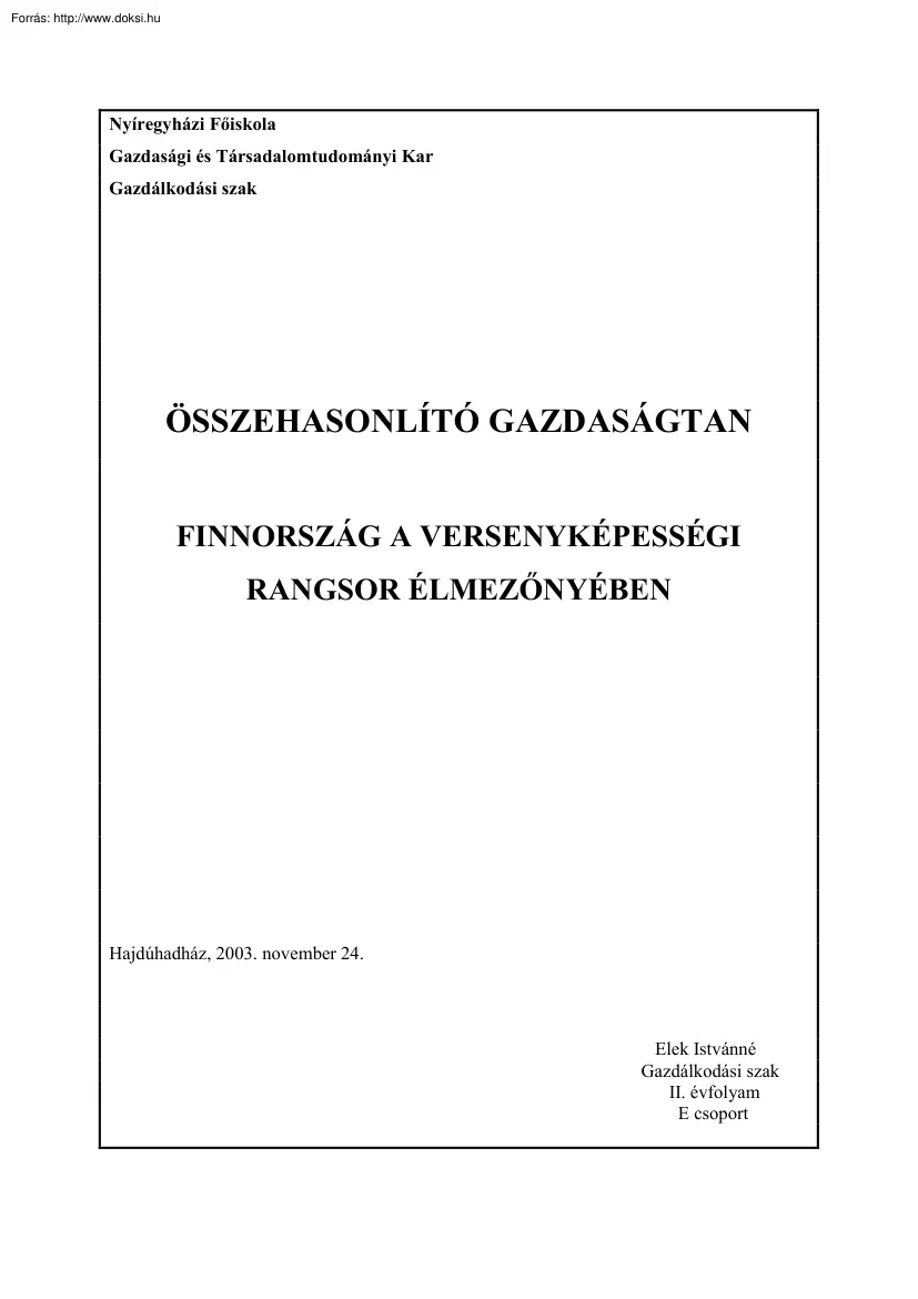 Elek Istvánné - Finnország a versenyképességi rangsor élmezőnyében