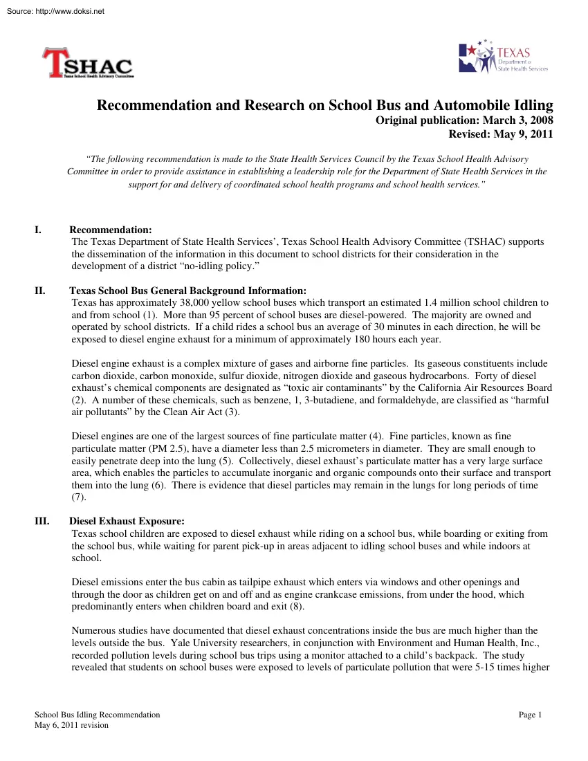 Recommendation and Research on School Bus and Automobile Idling
