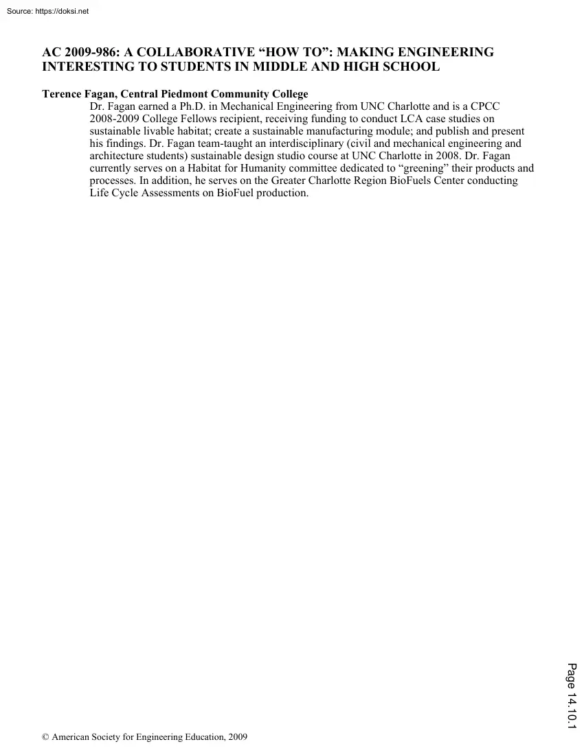 Terence Fagan - A collaborative how to, Making Engineering interesting to students in middle and