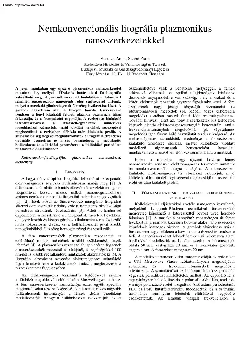 Vermes-Szabó - Nemkonvencionális litográfia plazmonikus nanoszerkezetekkel