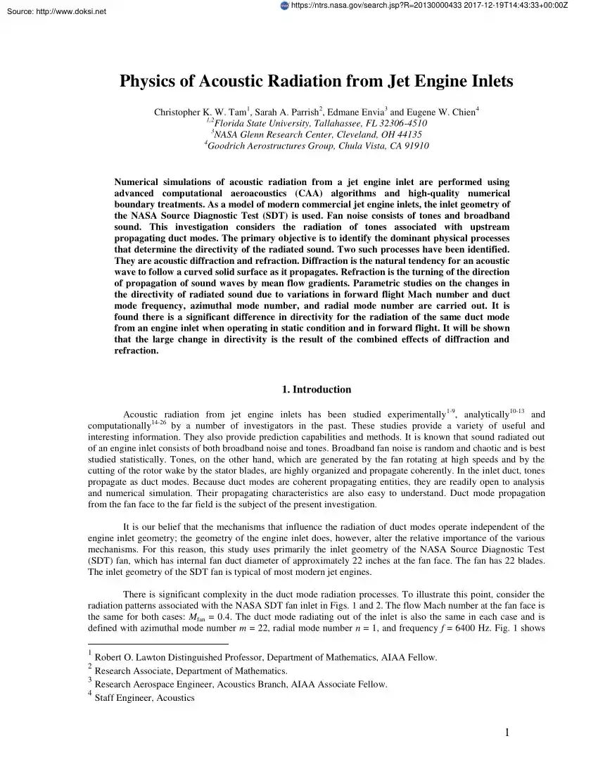 Tam-Parrish-Envia - Physics of Acoustic Radiation from Jet Engine Inlets