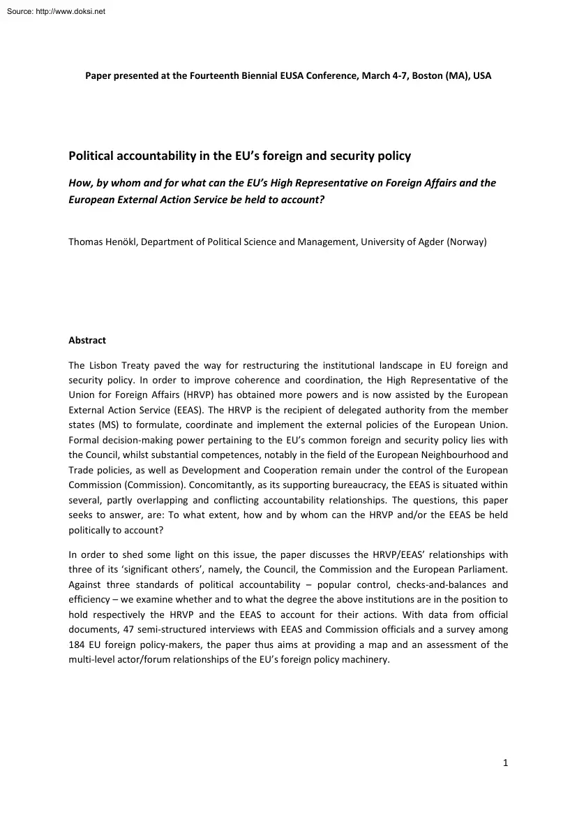 Thomas Henökl - Political Accountability in the EUs Foreign and Security Policy