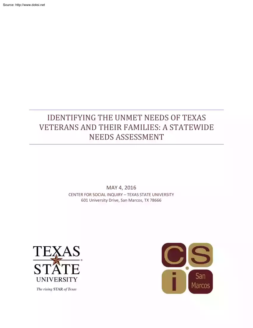 Identifying The Unmet Needs of Texas Veterans and Their Families, A Statewide Needs Assessment