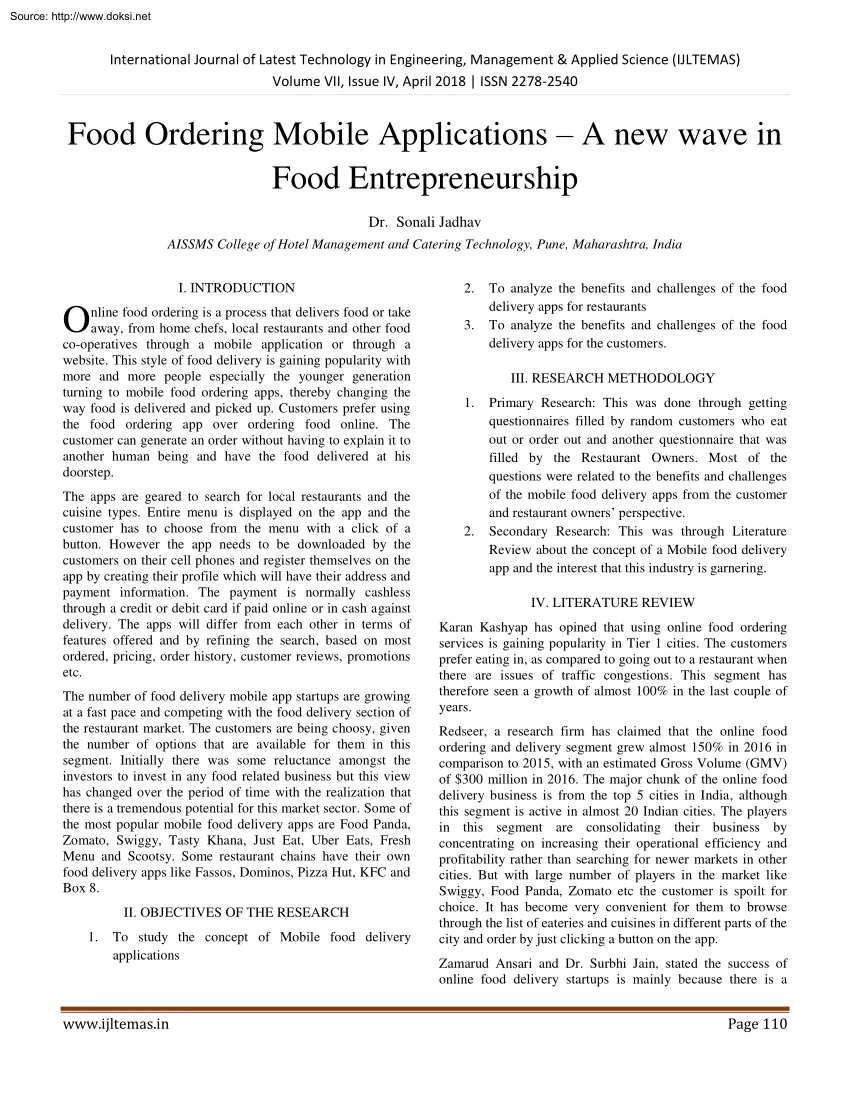 Dr. Sonali Jadhav - Food Ordering Mobile Applications, A New Wave in Food Entrepreneurship