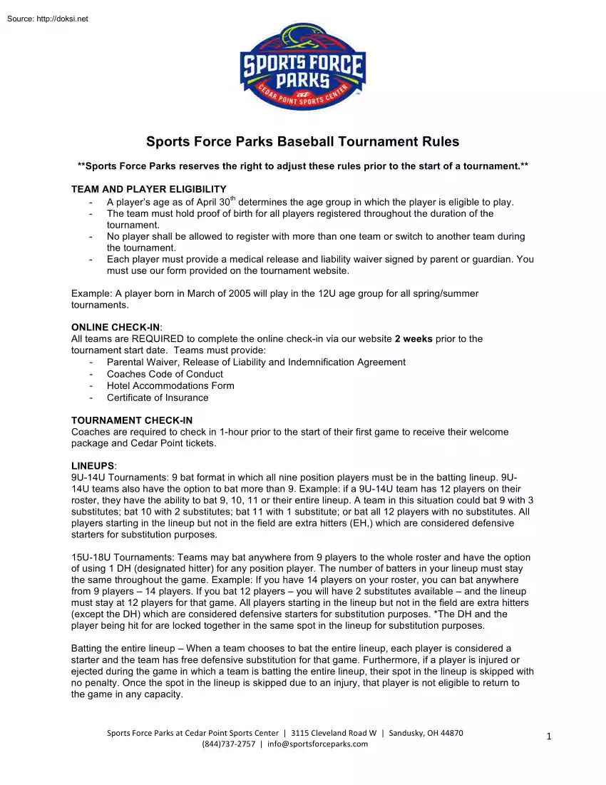 Sports Force Parks Baseball Tournament Rules