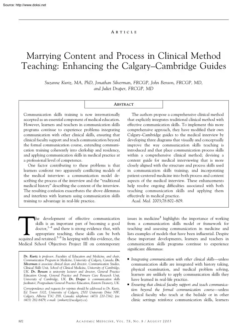 Marrying Content and Process in Clinical Method Teaching, Enhancing the Calgary Cambridge Guides