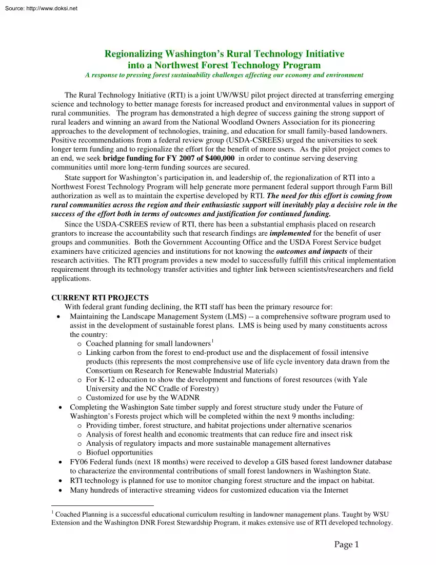 Regionalizing Washingtons Rural Technology Initiative into a Northwest Forest Technology Program