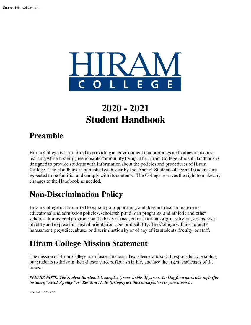 Hiram College, Student Handbook