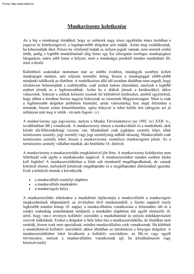 Munkaviszony keletkezése