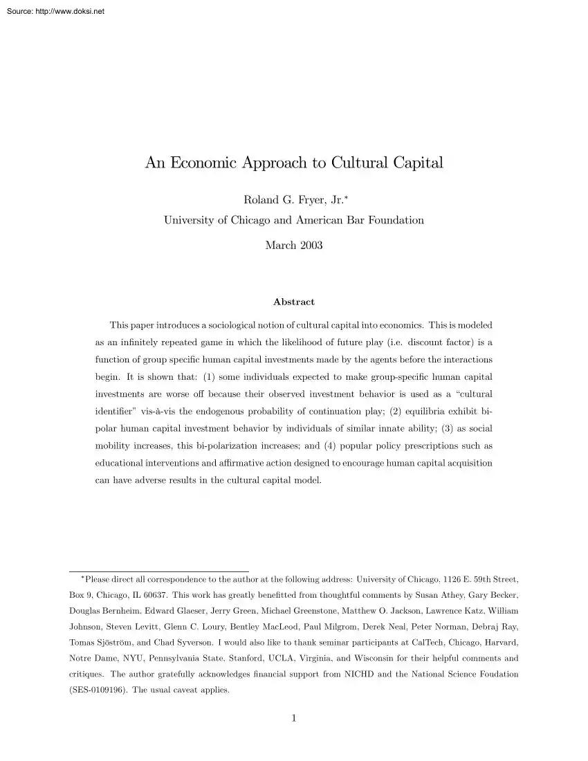 Roland G. Fryer - An Economic Approach to Cultural Capital