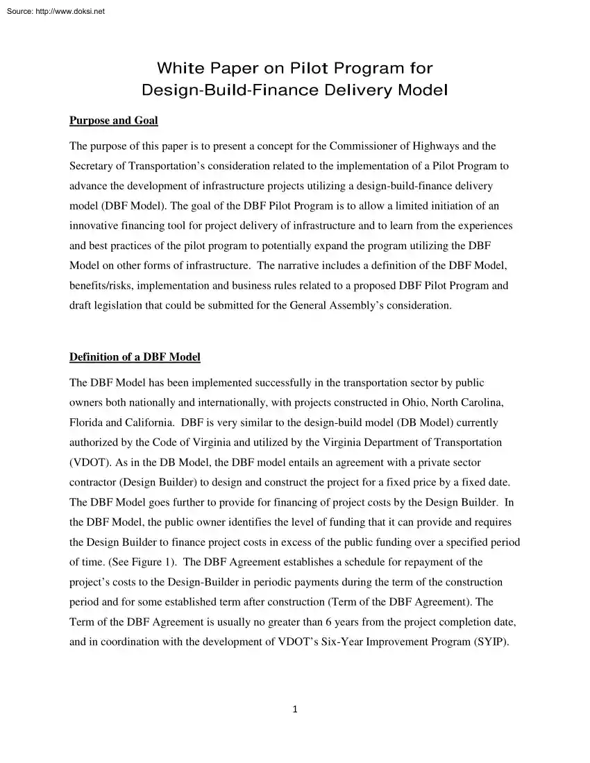 White Paper on Pilot Program for Design-Build-Finance Delivery Model