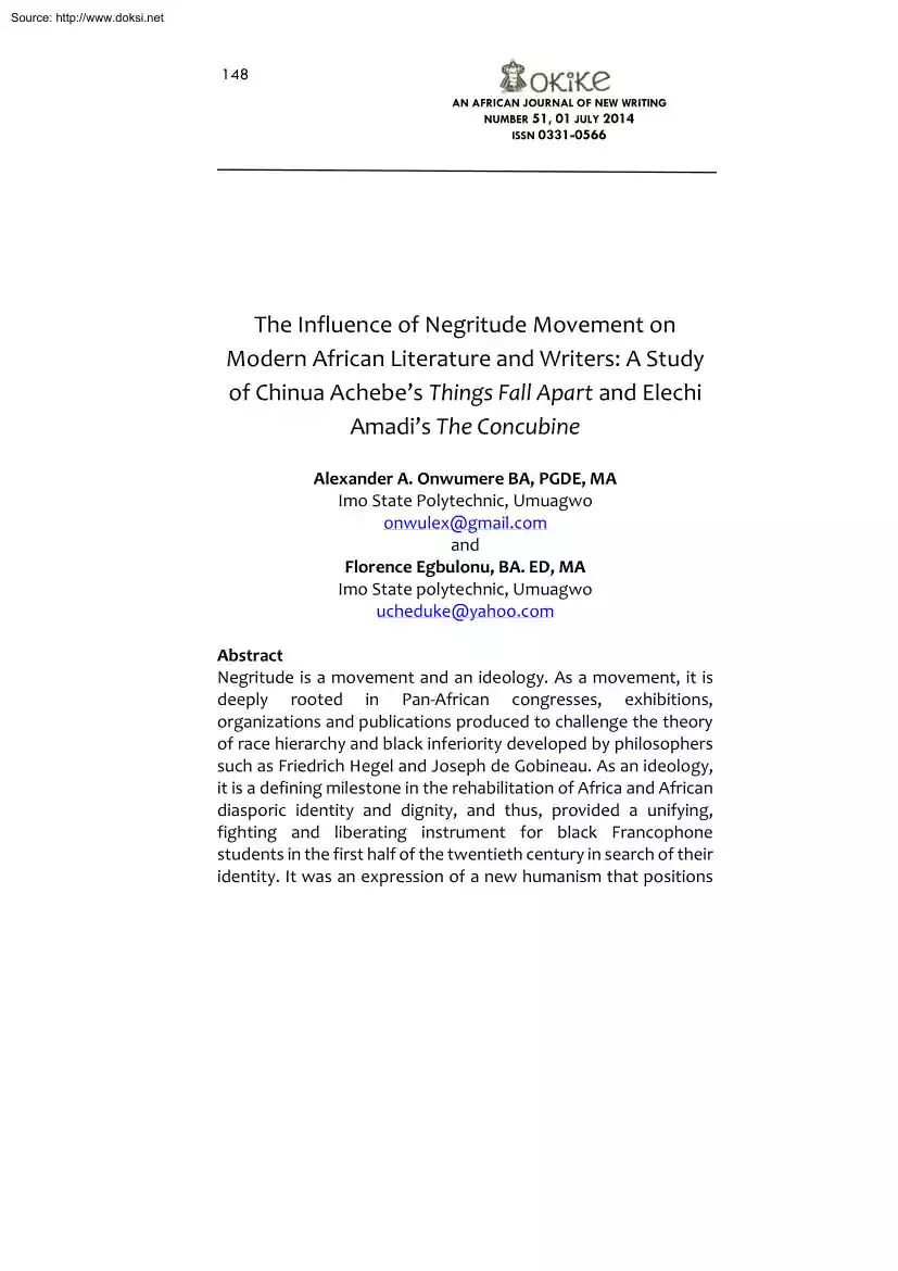 Onwumere-Egbulonu - The Influence of Negritude Movement on Modern African Literature and Writers