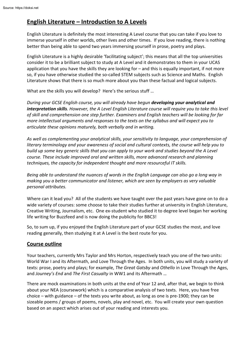 English Literature, Introduction to A Levels