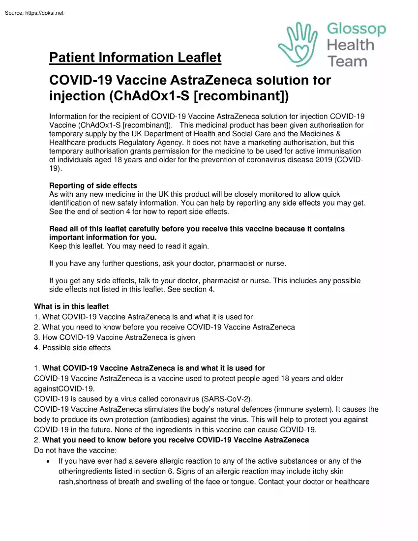 COVID-19 Vaccine AstraZeneca Solution for Injection