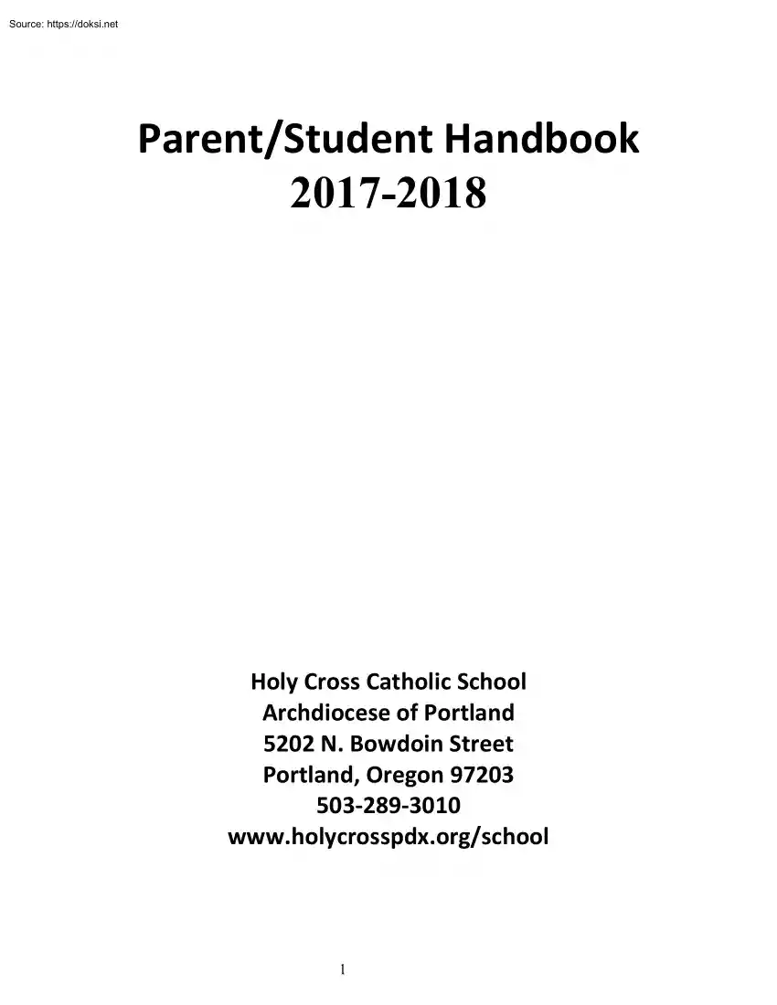 Holy Cross Catholic School, Parent Student Handbook 2017-2018