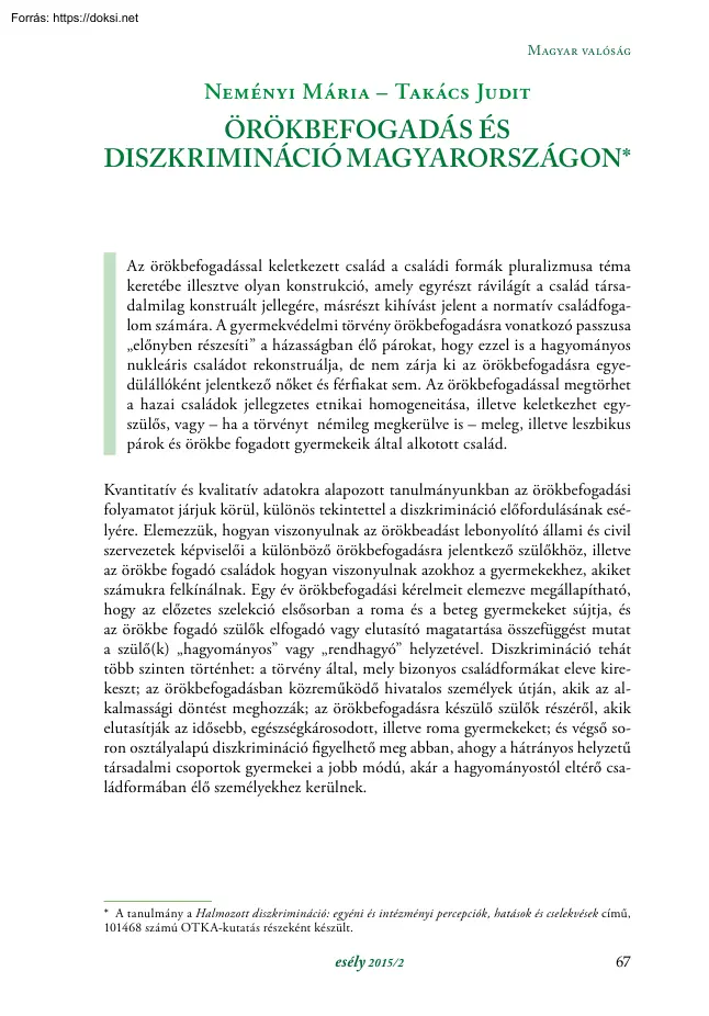 Neményi-Takács - Örökbefogadás és diszkrimináció Magyarországon