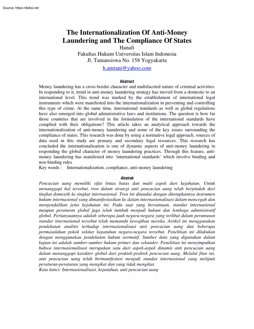 The Internationalization Of Anti Money Laundering and The Compliance Of States