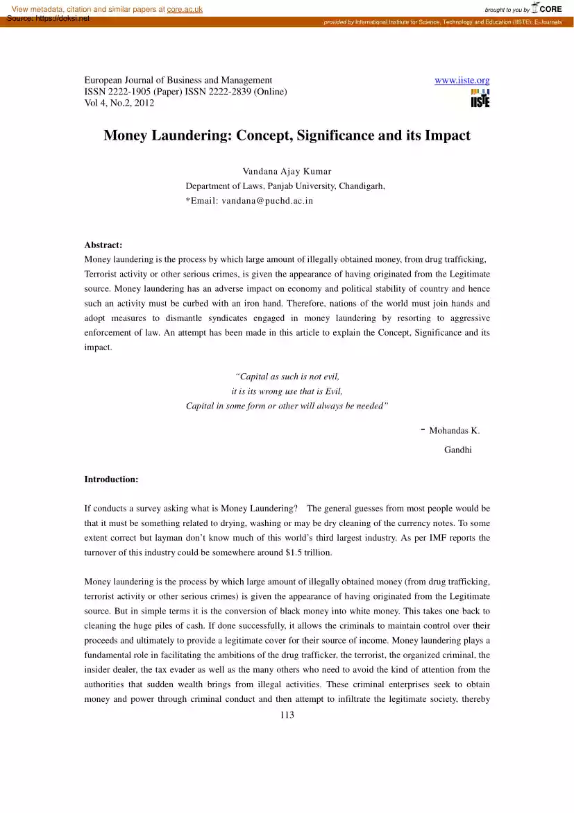 Vandana Ajay Kumar - Money Laundering, Concept, Significance and its Impact