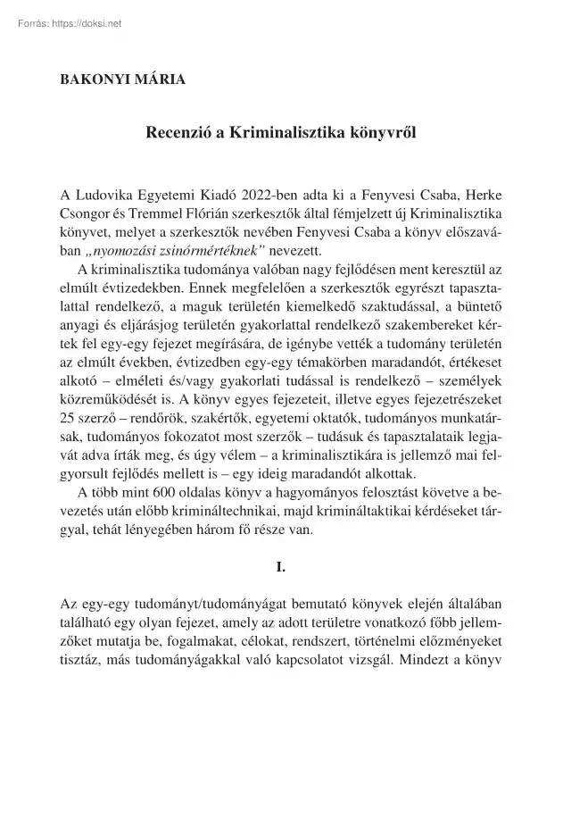 Bakonyi Mária - Recenzió a Kriminalisztika könyvről
