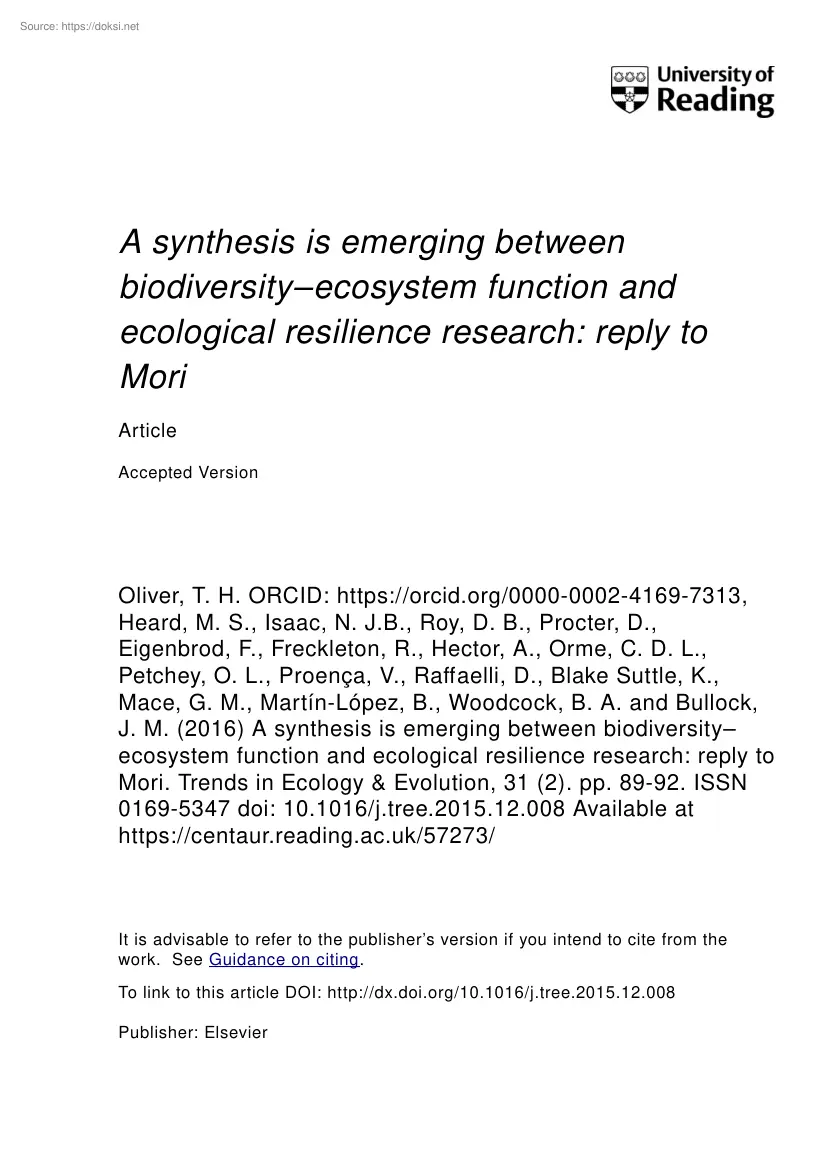 T.H. Oliver - A synthesis is emerging between biodiversity–ecosystem function and ecological