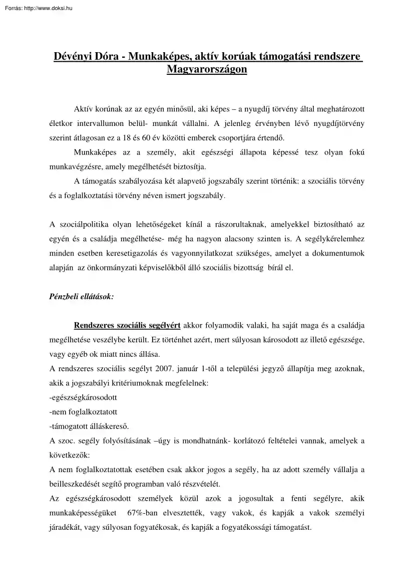 Dévényi Dóra - Munkaképes, aktív korúak támogatási rendszere Magyarországon