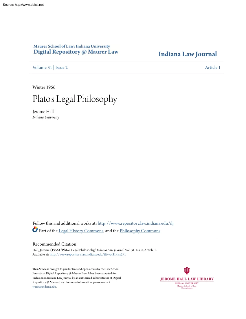 Jerome Hall - Platos Legal Philosophy