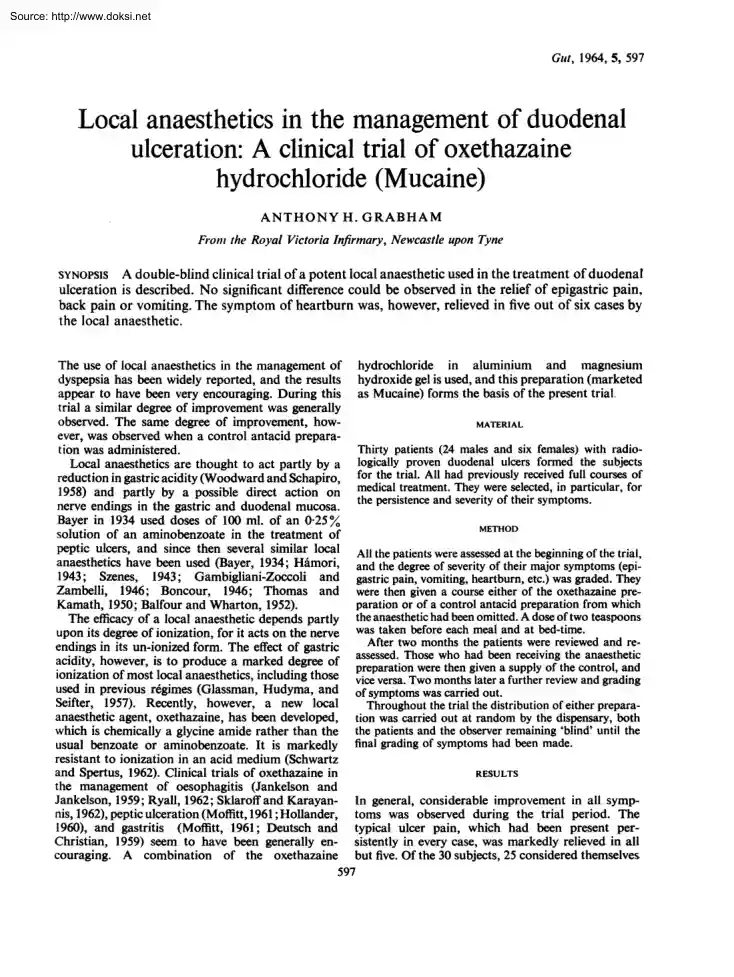 Anthony H. Grabham - Local Anaesthetics in the Management of Duodenal Ulceration, A Clinical Trial of Oxethazaine Hydrochloride, Mucaine
