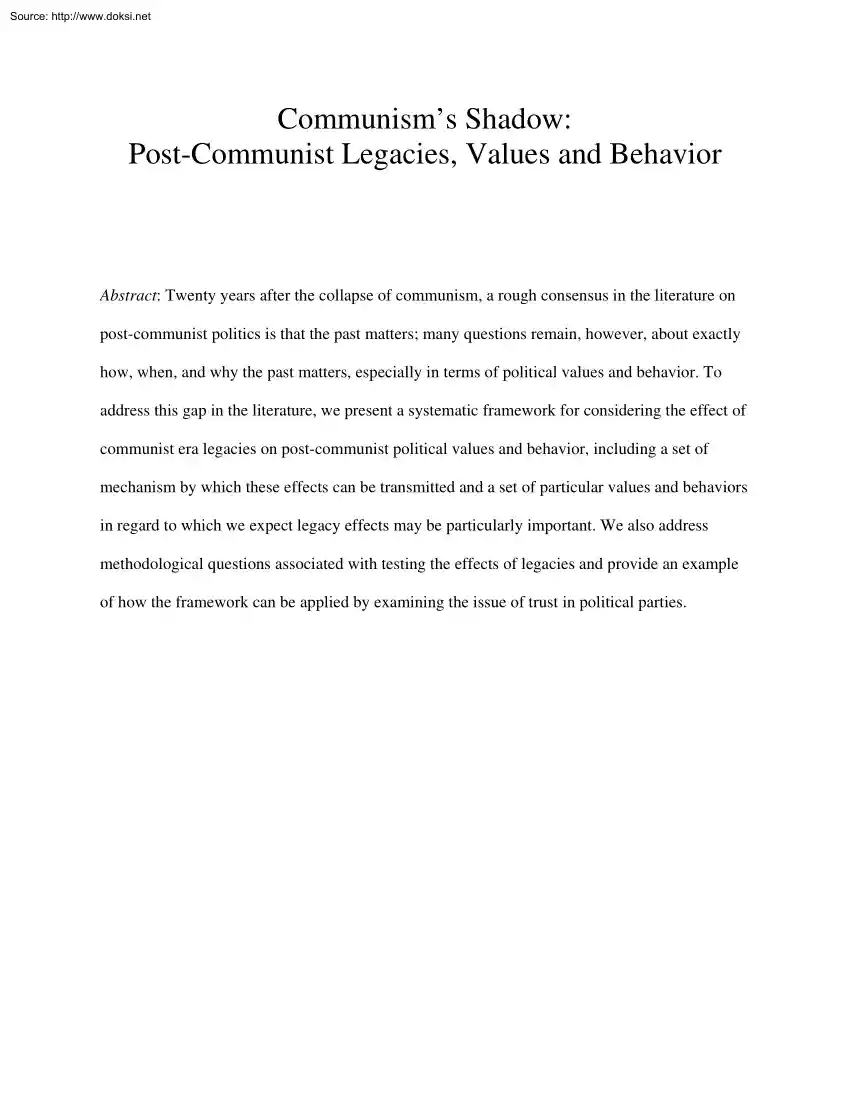 Communism Shadow, Post Communist Legacies, Values and Behavior