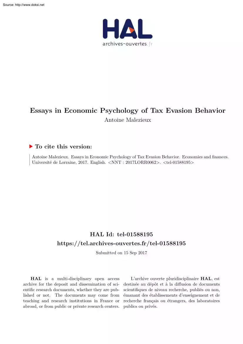 Antoine Malezieux - Essays in Economic Psychology of Tax Evasion Behavior