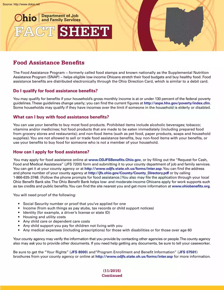 Food Assistance Benefits, Fact Sheet, Ohio