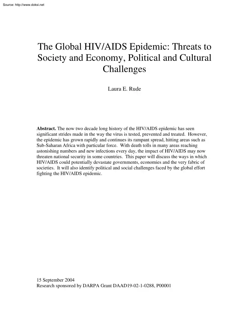 Laura E. Rude - The Global HIV AIDS Epidemic, Threats to Society and Economy, Political and Cultural Challenges