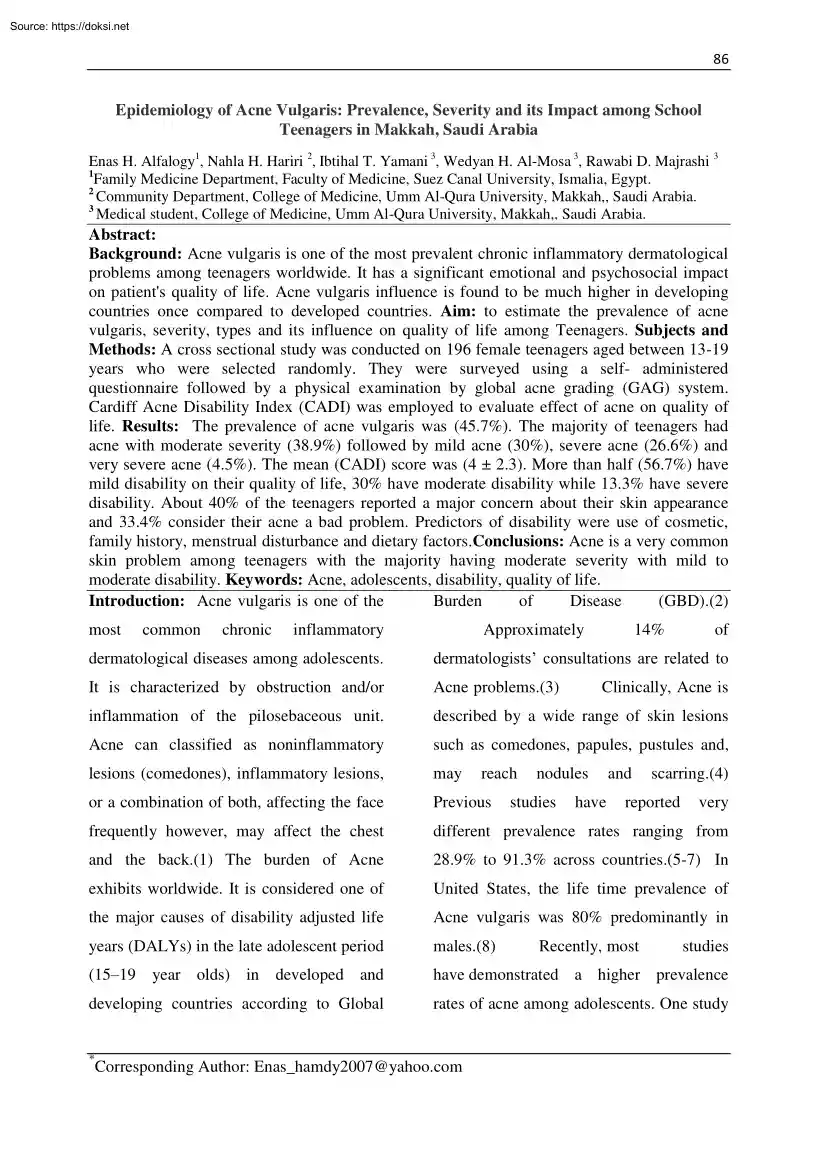 Epidemiology of Acne Vulgaris, Prevalence, Severity and its Impact among School Teenagers in Makkah, Saudi Arabia