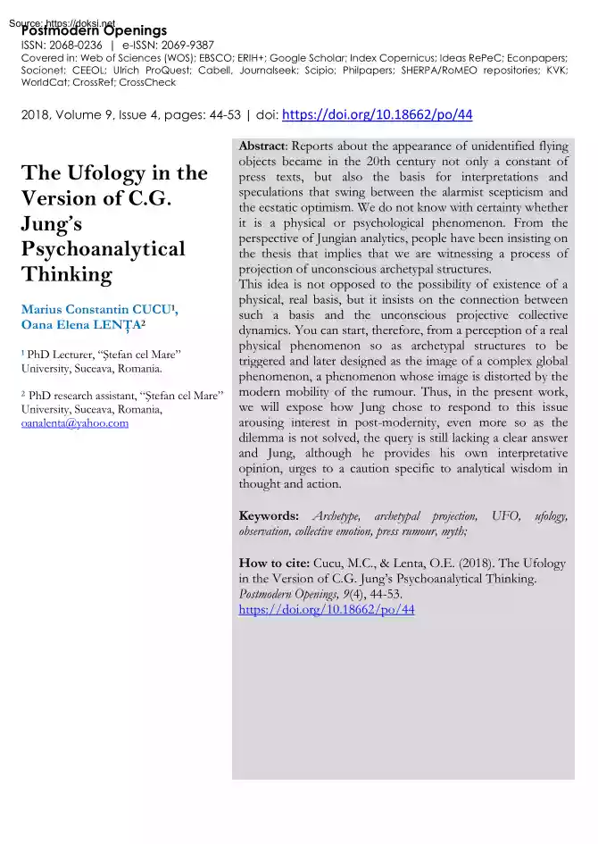 Constantin-Elena - The Ufology in the Version of C.G. Jungs Psychoanalytical Thinking
