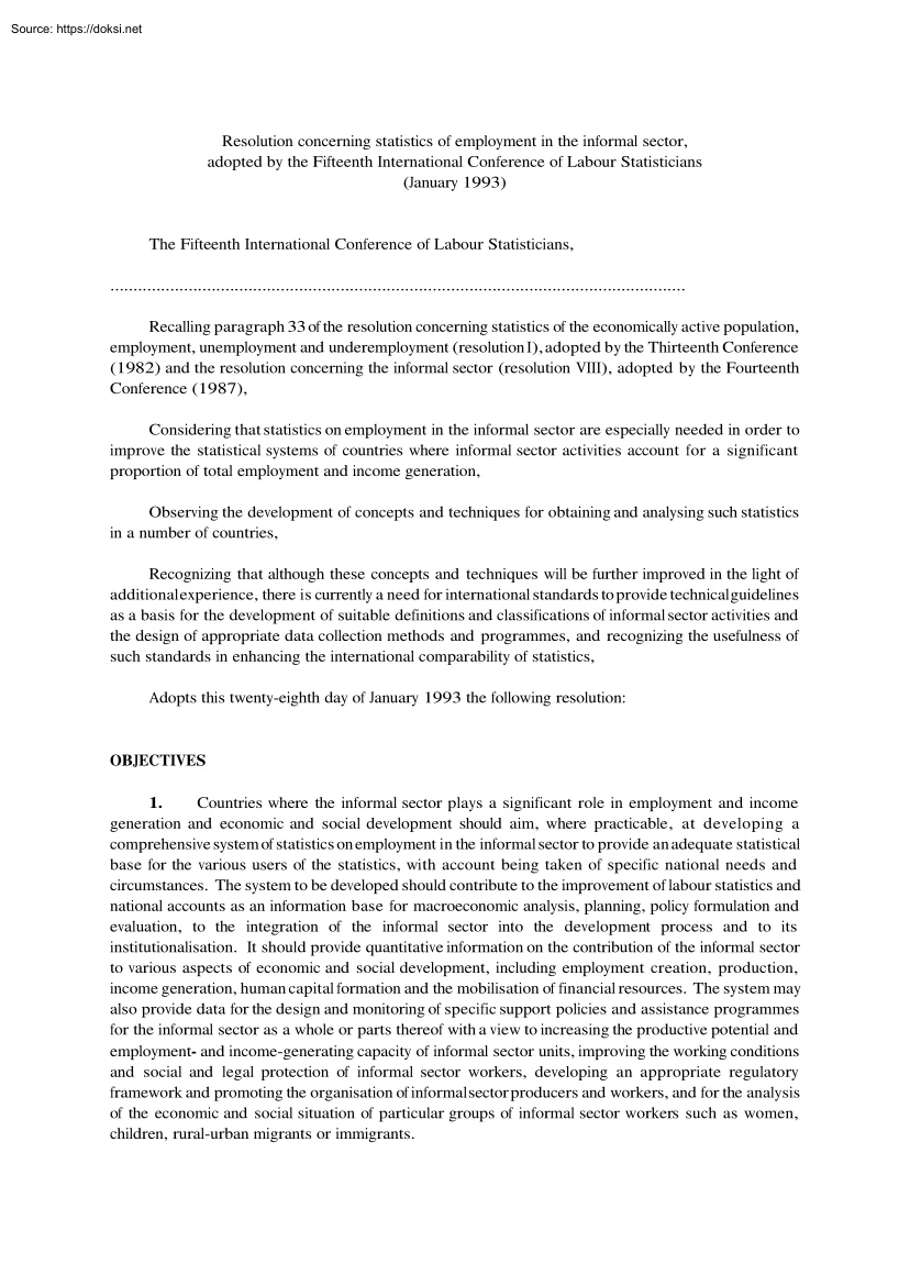 Resolution Concerning Statistics of Employment in the Informal Sector, Adopted by the Fifteenth International Conference of Labour Statisticians