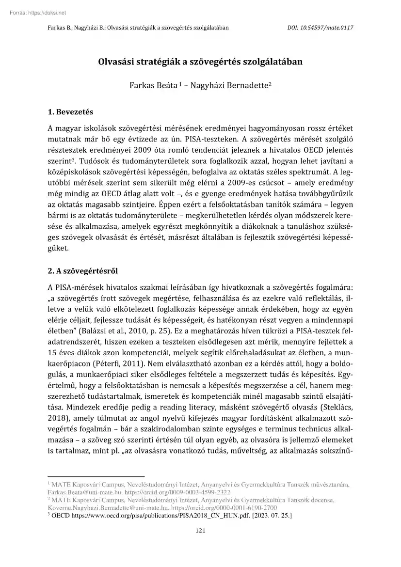 Farkas-Nagyházi - Olvasási stratégiák a szövegértés szolgálatában