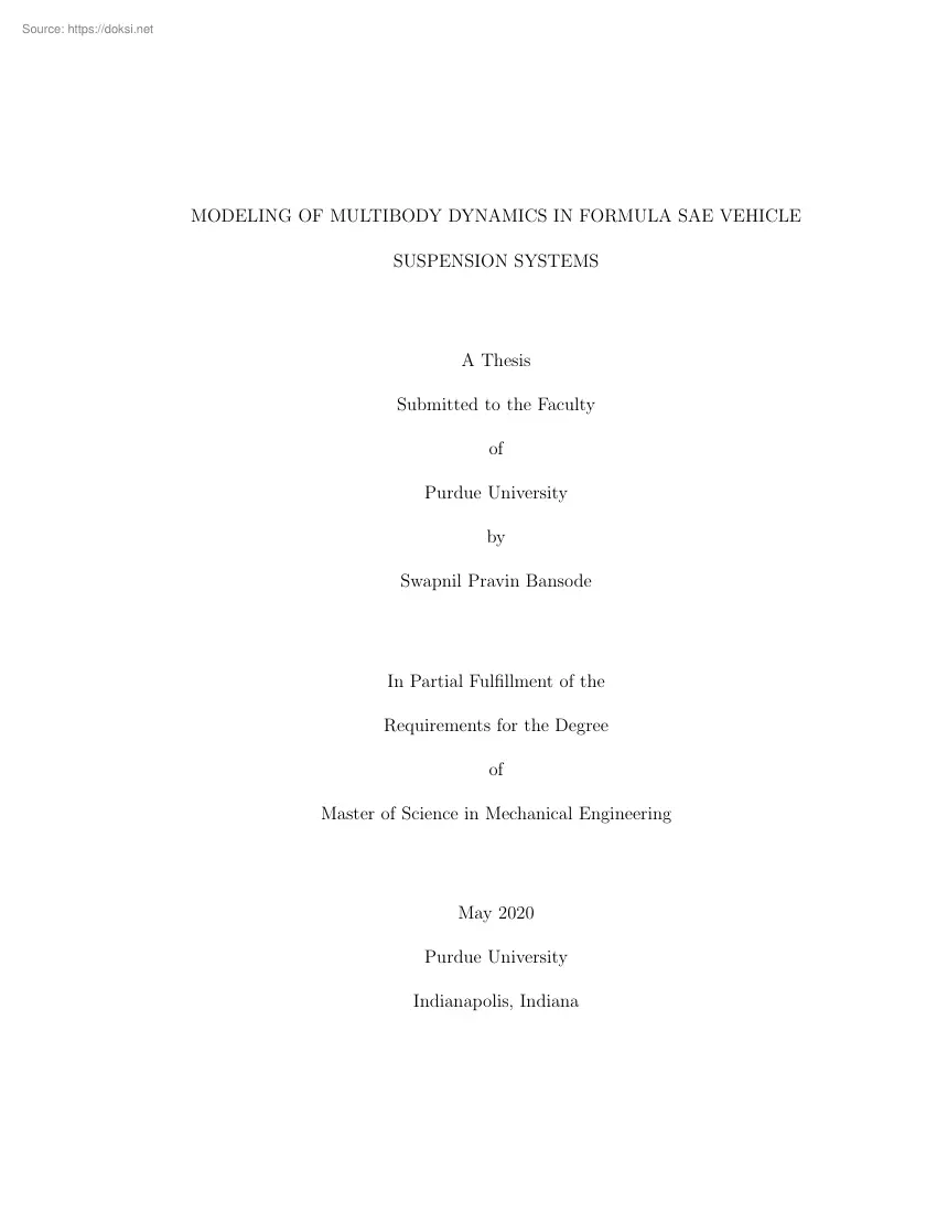 Swapnil Pravin Bansode - Modeling of multibody dynamics in formula SAE vehicle suspension systems
