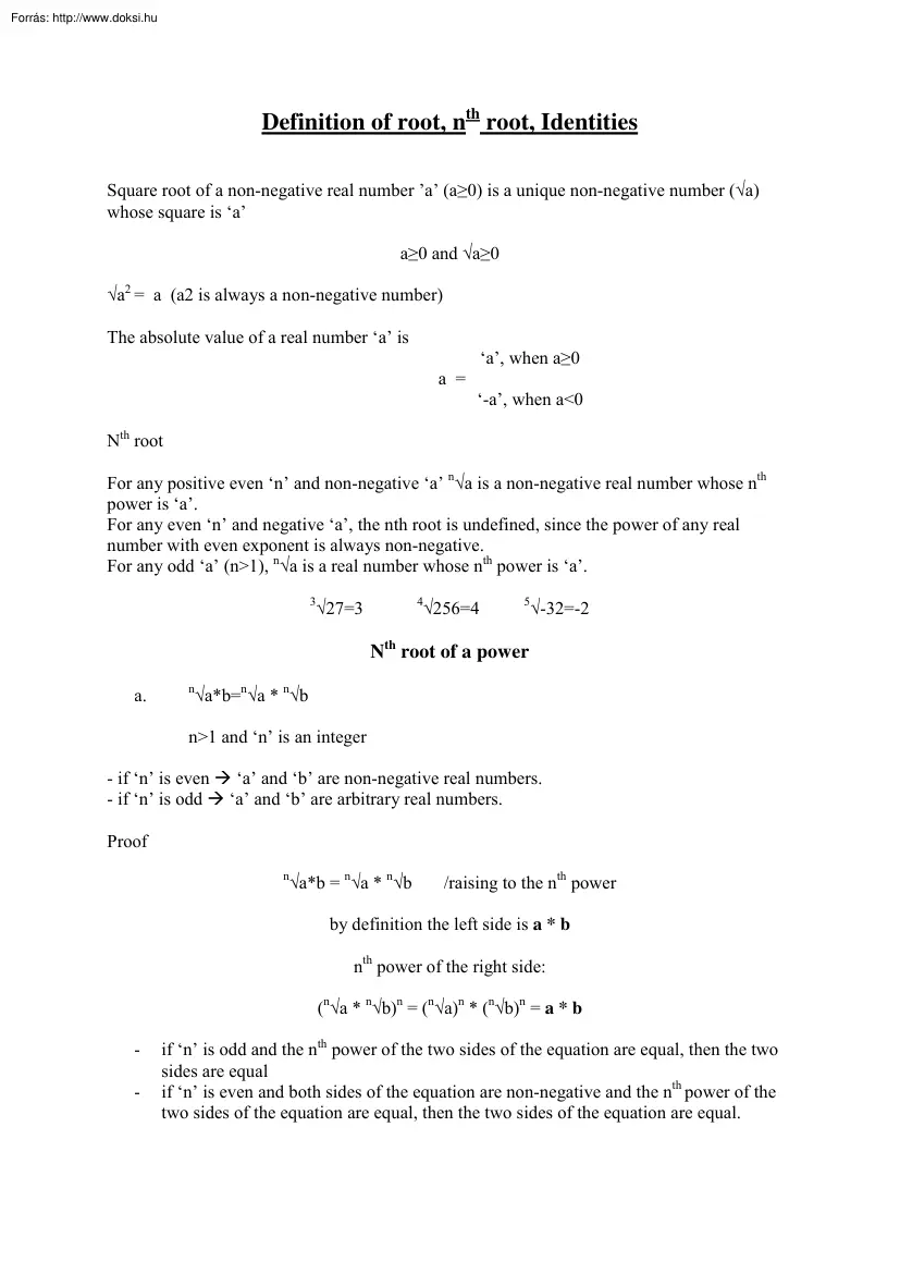 Definition of root, Identities