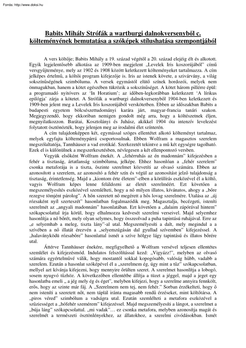 Marosán Petra - Babits Mihály, Strófák a wartburgi dalnokversenyből című költeményének