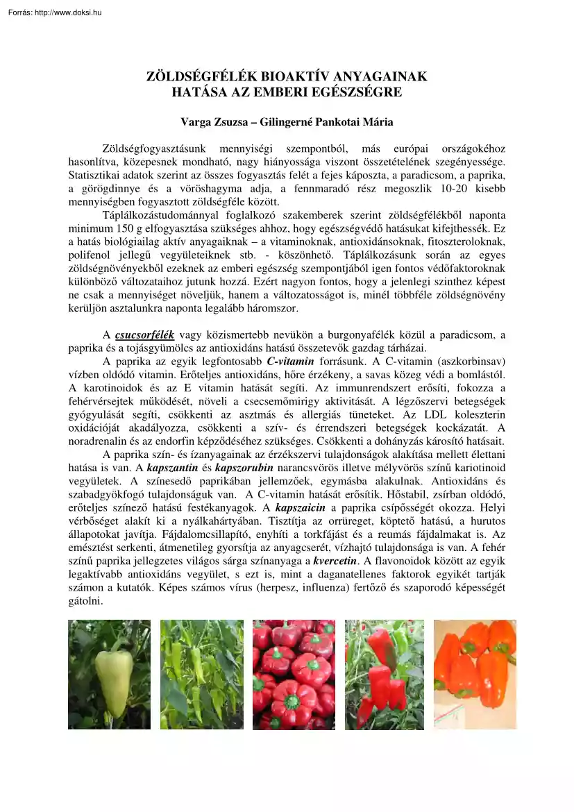 Varga-Gilingerné - Zöldségfélék bioaktív anyagainak hatása az emberi egészségre