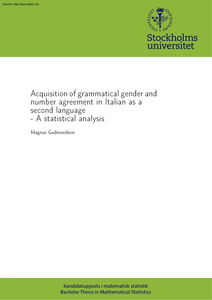 Magnus Gudmundson - Acquisition of Grammatical Gender and Number Agreement in Italian as a Second Language
