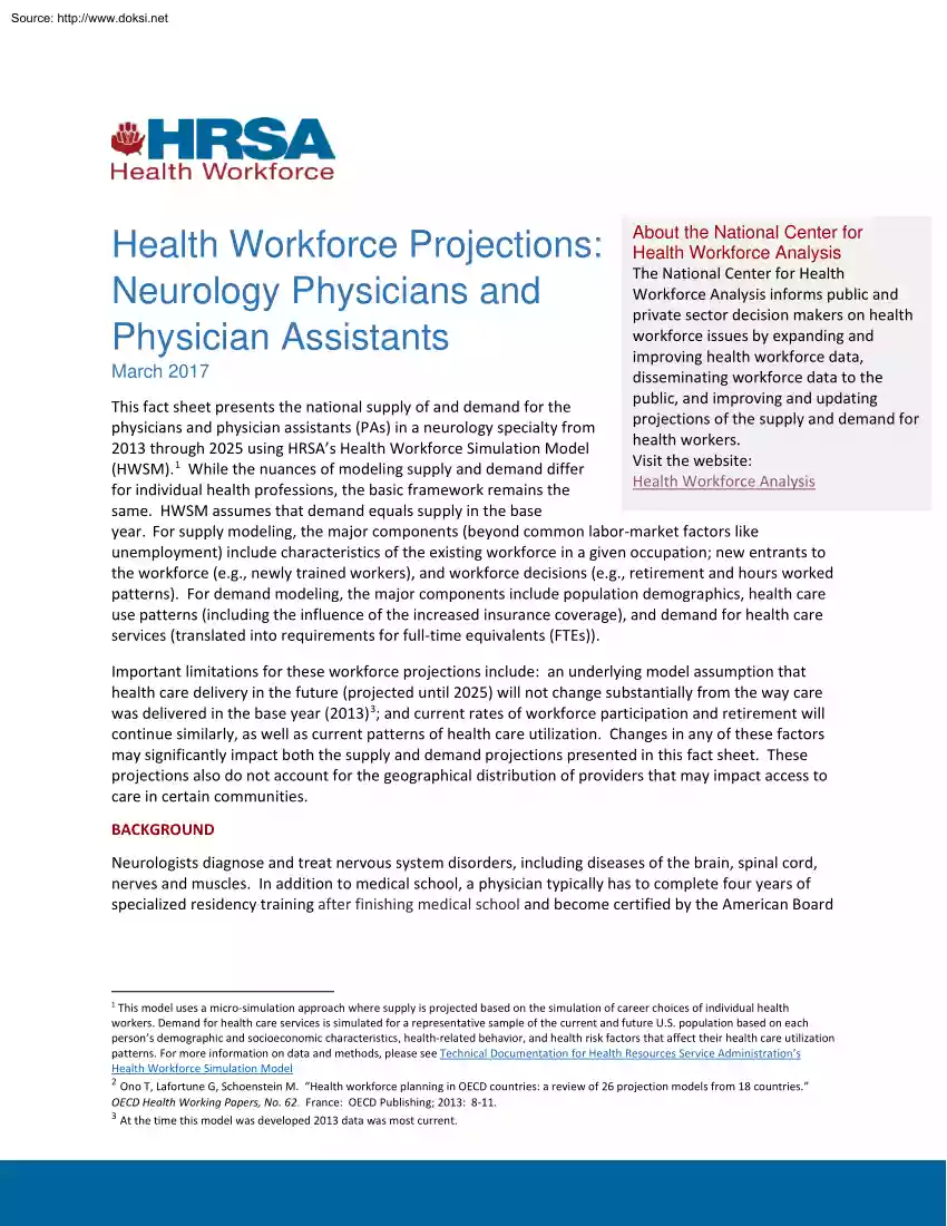Health Workforce Projections, Neurology Physicians and Physician Assistants