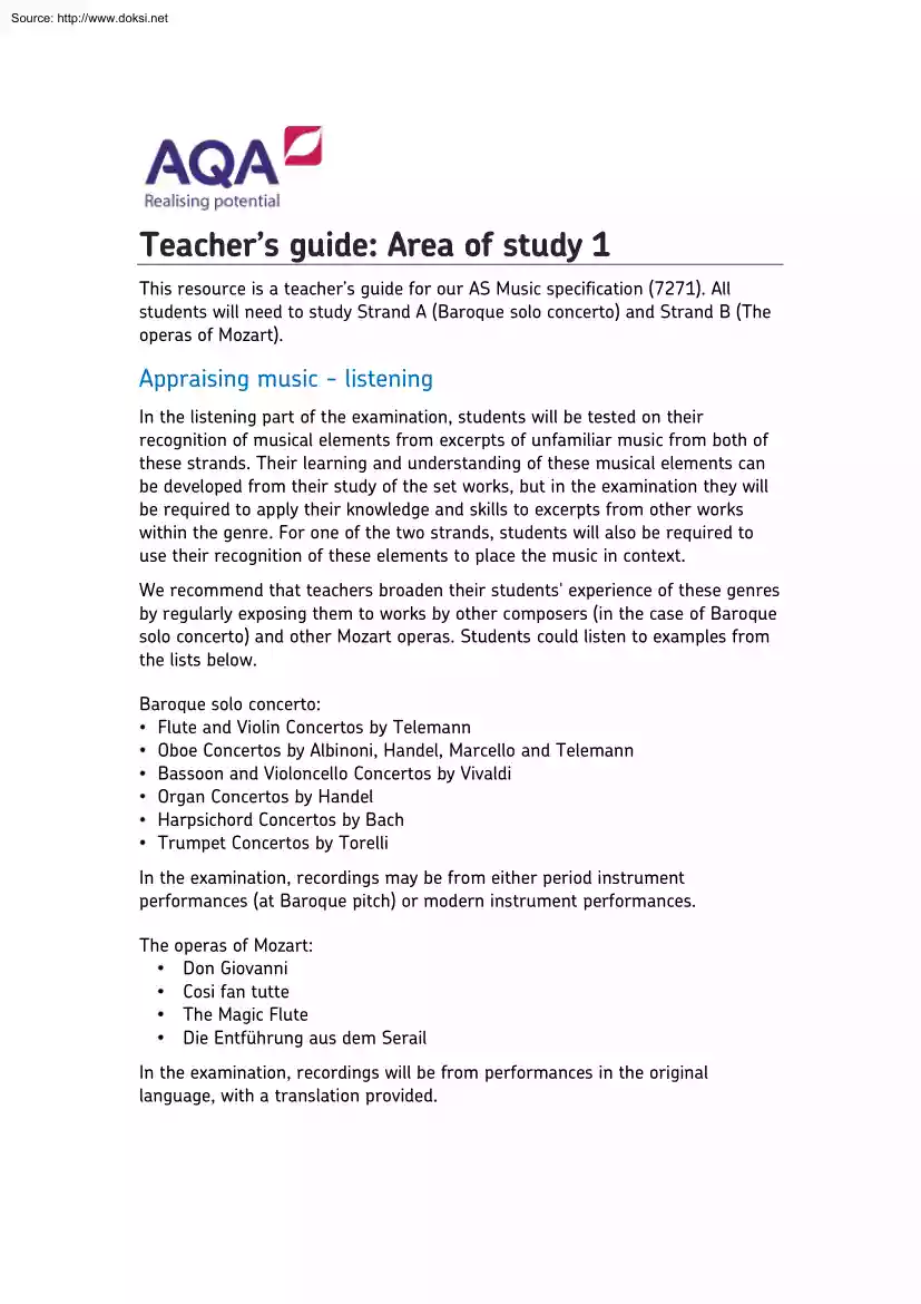 Teacher Guide, Area of Study