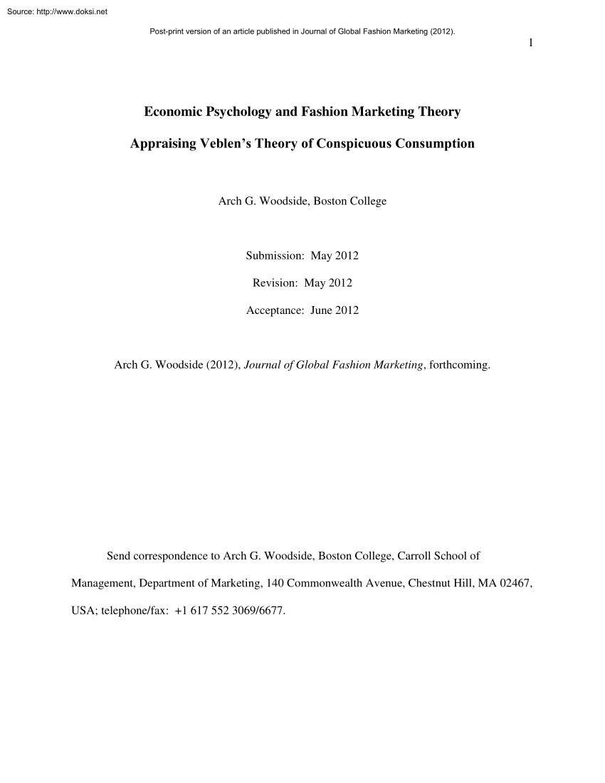 Arch Woodside - Economic Psychology and Fashion Marketing Theory, Appraising Veblen Theory of Conspicuous Consumption